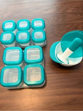 OXO Teal Baby Food Storage Containers and OXO Food Masher
